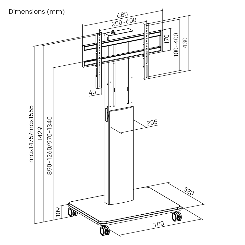 Crea MS-450H, FreeLift Mobile TV Cart (55"-86") - 9